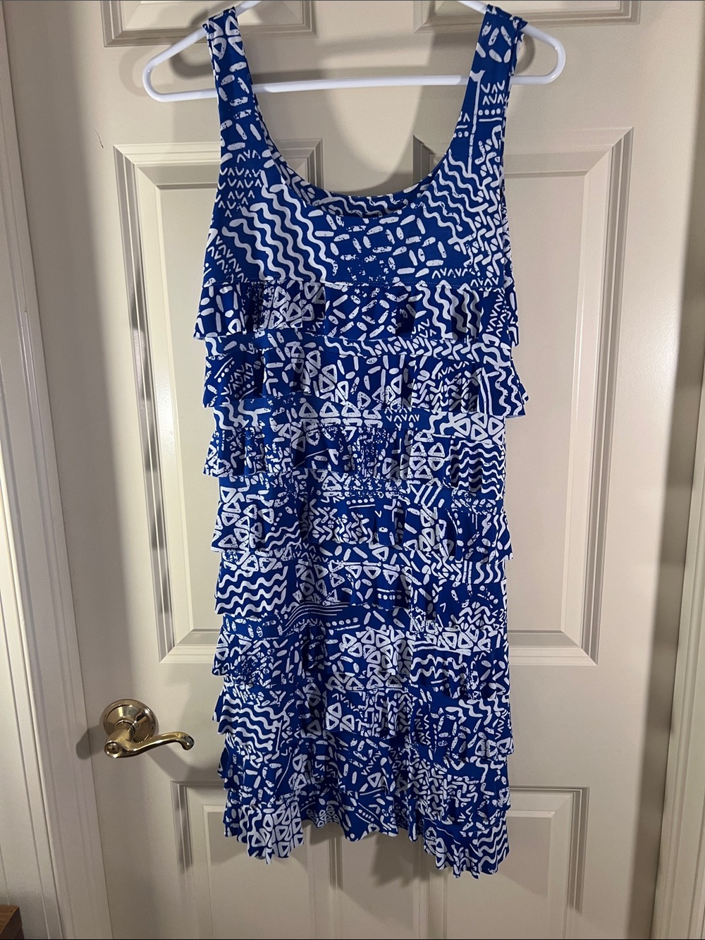 Sleeveless Blue Printed Ruffle Midi Dress